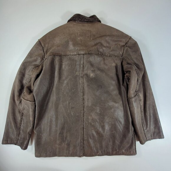 Men's Guess Leather Frontier Sherpa Fleece Lined Jacket Coat Sz Large Brown READ - Picture 2 of 16
